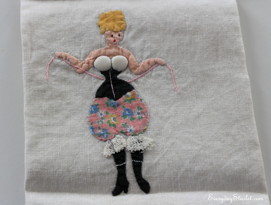 Vintage 1940 Embroidered Corset Pin Up Towel