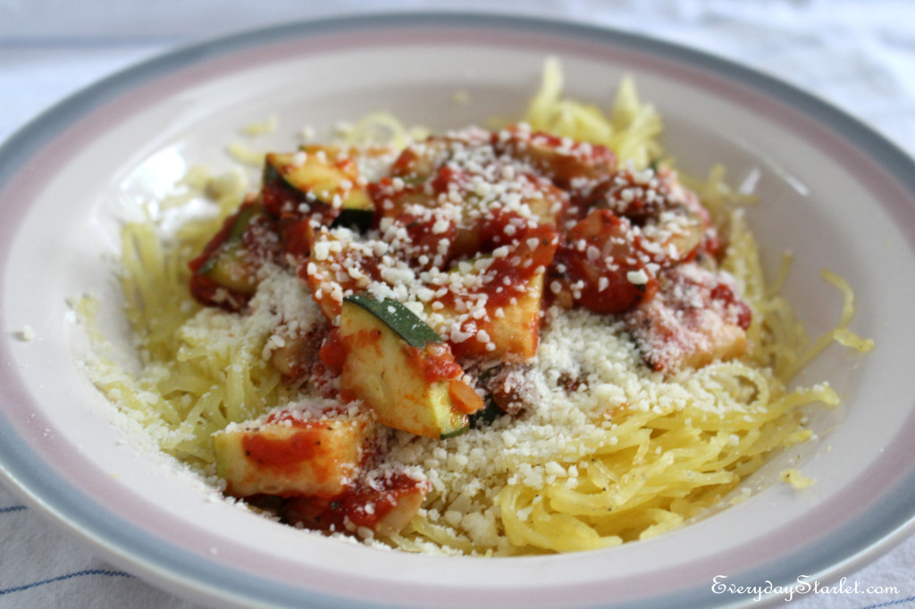 Gluten free and dairy free Spaghetti Squash with vegetable tomato sauce