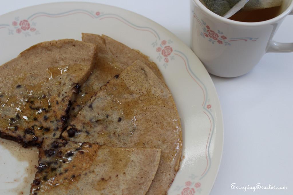 Wheat Free, Dairy Free, Protein Chocolate Chip Pancakes and Green Tea