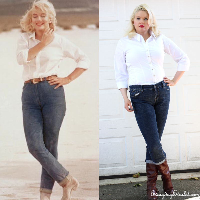 Marilyn Monroe ootd outfit inspiration Denim white shirt boots