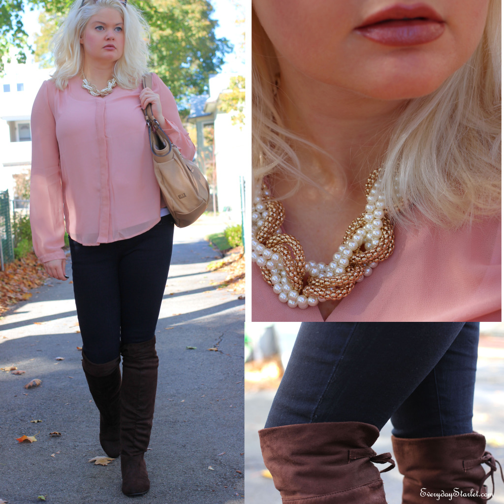 Forever 21 Mauve blouse, pearls and gold, over the knee boots