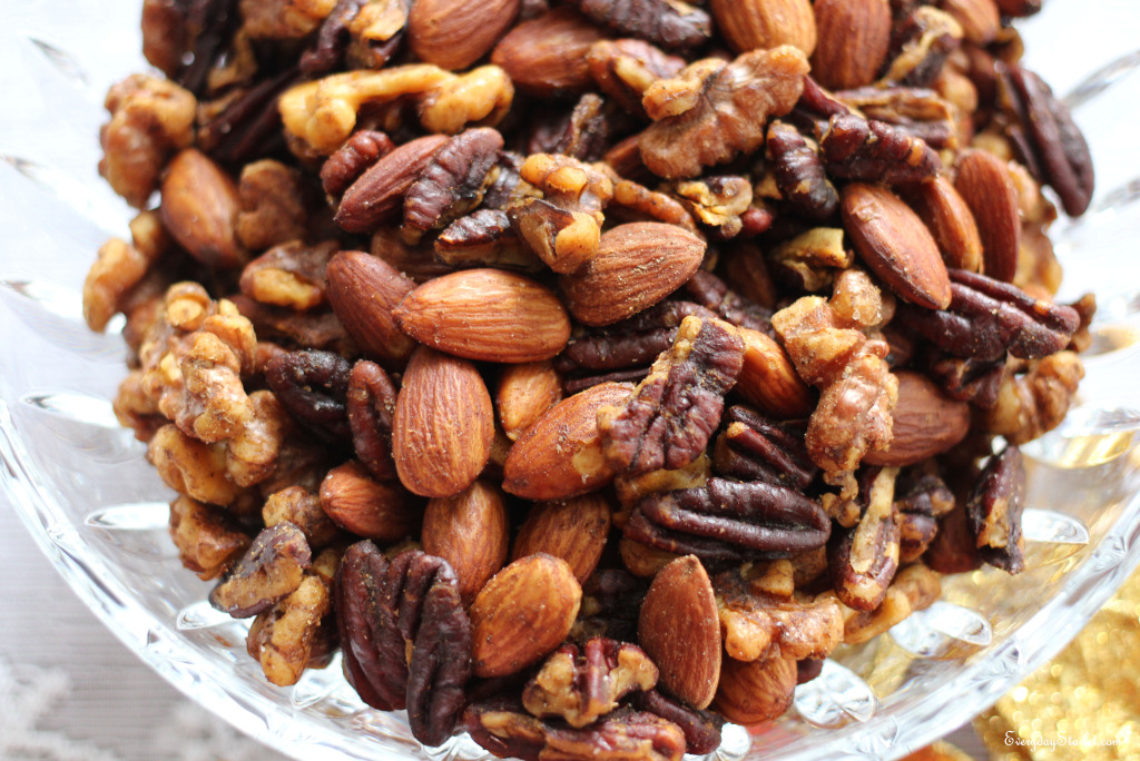 Easy Spiced Nuts mix of almonds, pecans, walnuts