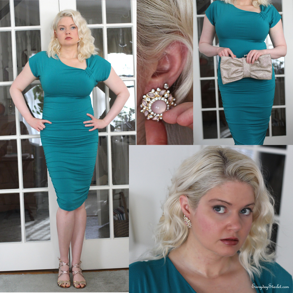 Holiday Party Look Teal Midi Dress gold pink earrings strappy heels Forever 21 Ivanka Trump