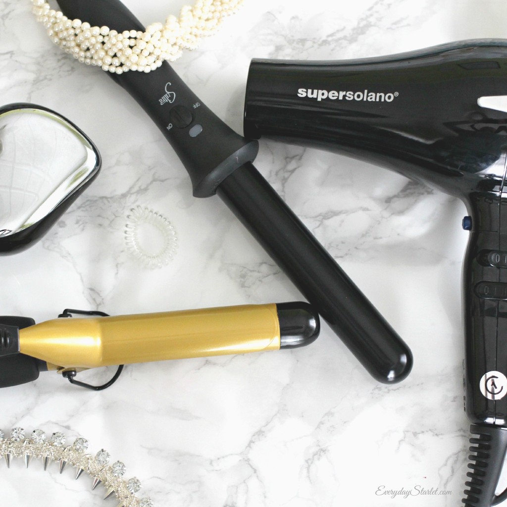 hair styling tools solano blowdryer, sultra bombshell, ceramic curling iron, tangle teezer
