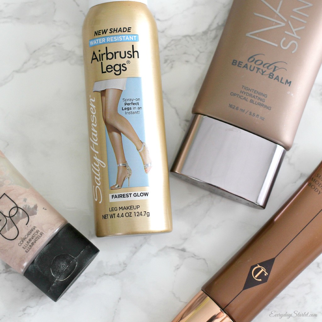 Body Makeup Review, Urban Decay Naked, Charlotte Tilbury Supermodel Body, Sally Hansen Airbrush Legs, Nars illuminator Copacabana