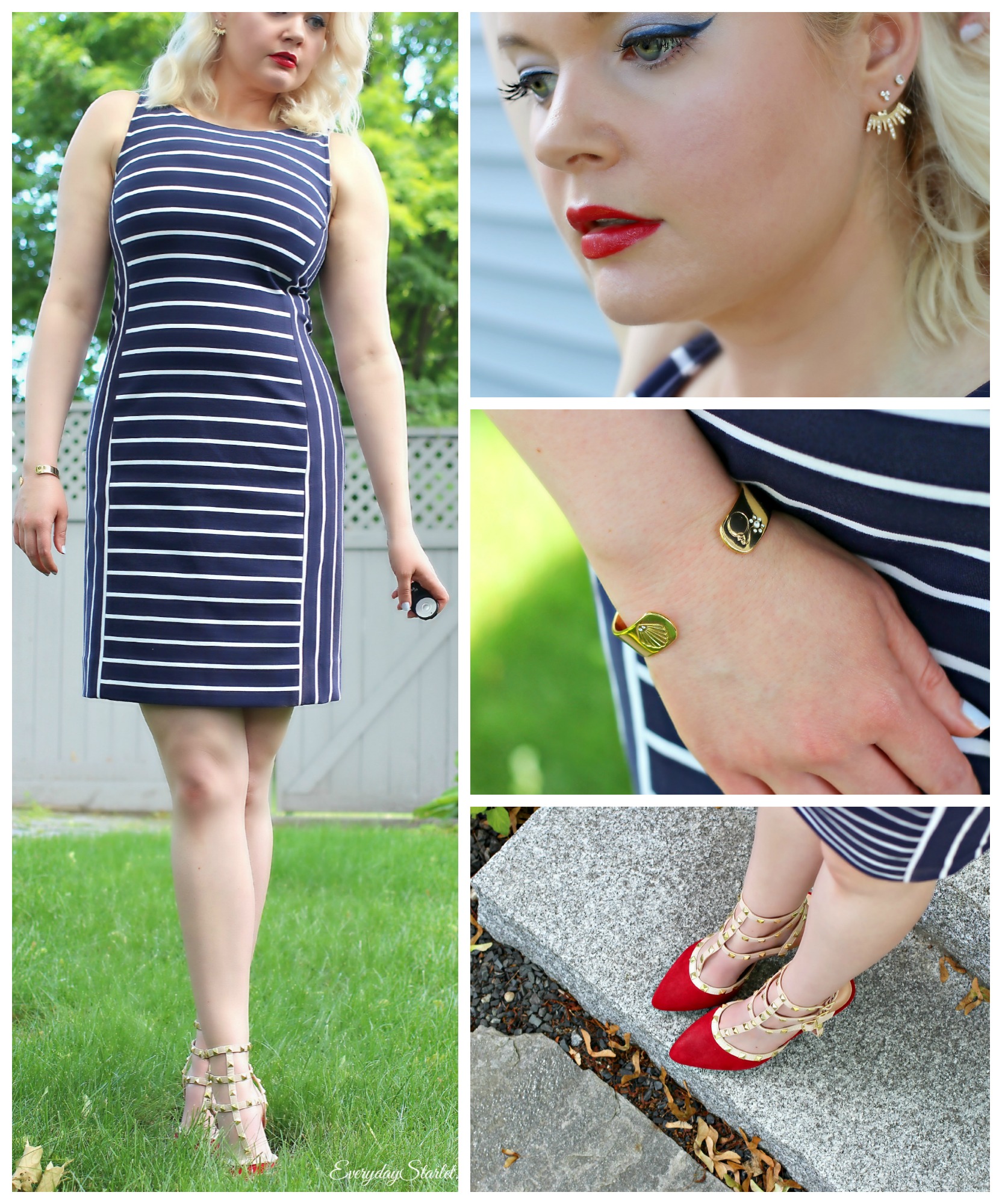 4th of July Fashion, Outfit, Navy Striped dress, Red White and Blue outfit fashion
